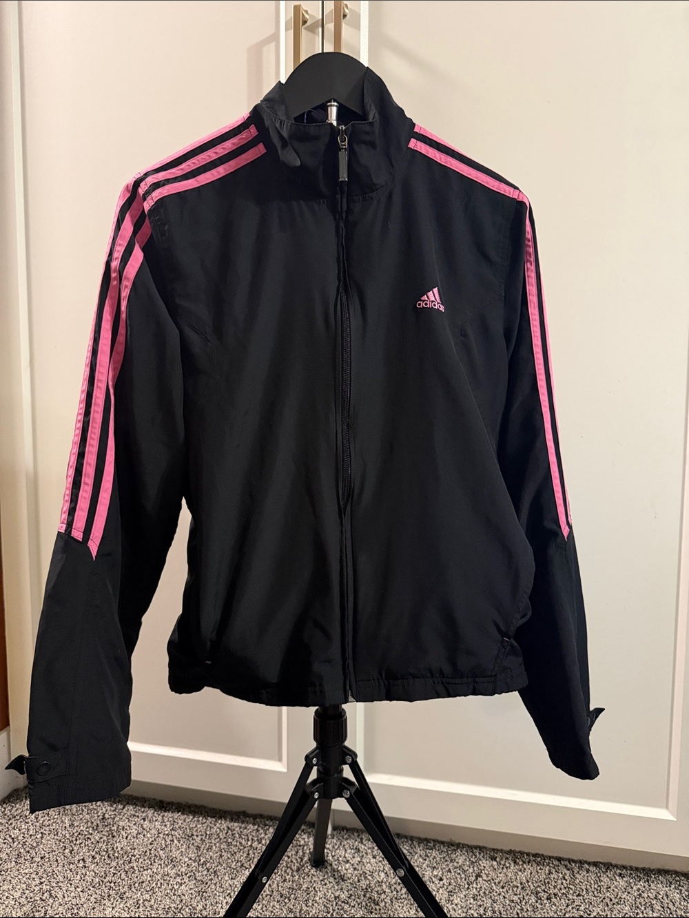 Adidas Women’s Medium Black Pink 3 Stripe Track Jacket Windbreaker